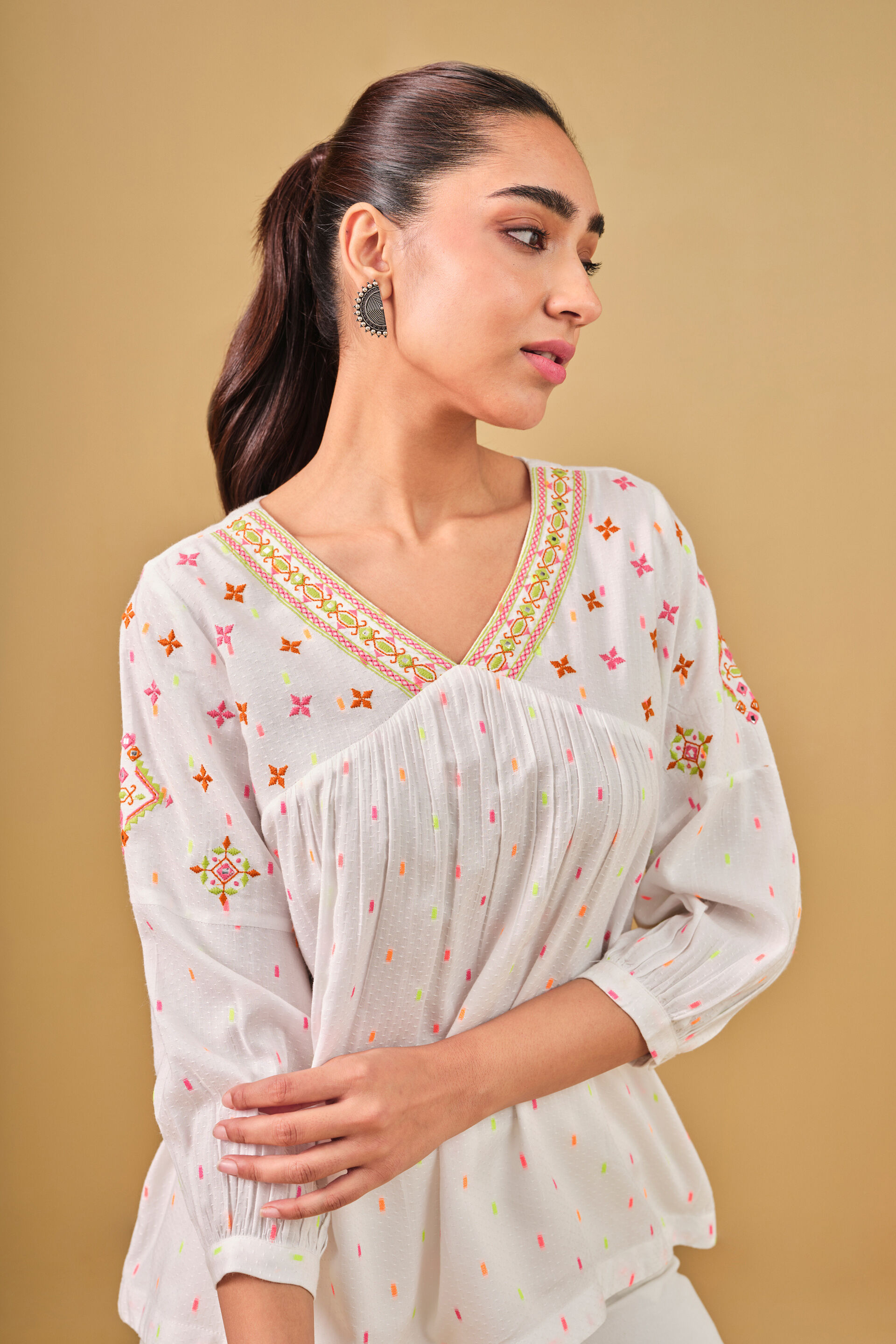 White Embroidered Viscose Top, White, image 3